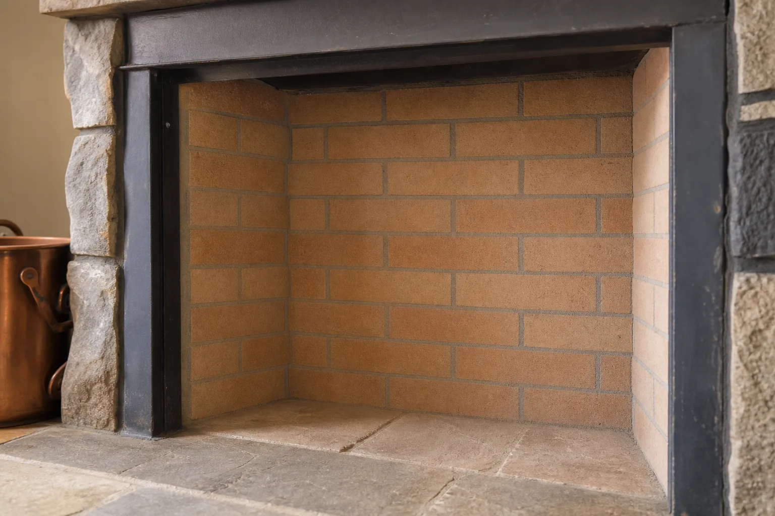 Fireplace restoration after view of the same masonry firebox with repointed refractory mortar joints and sound firebrick