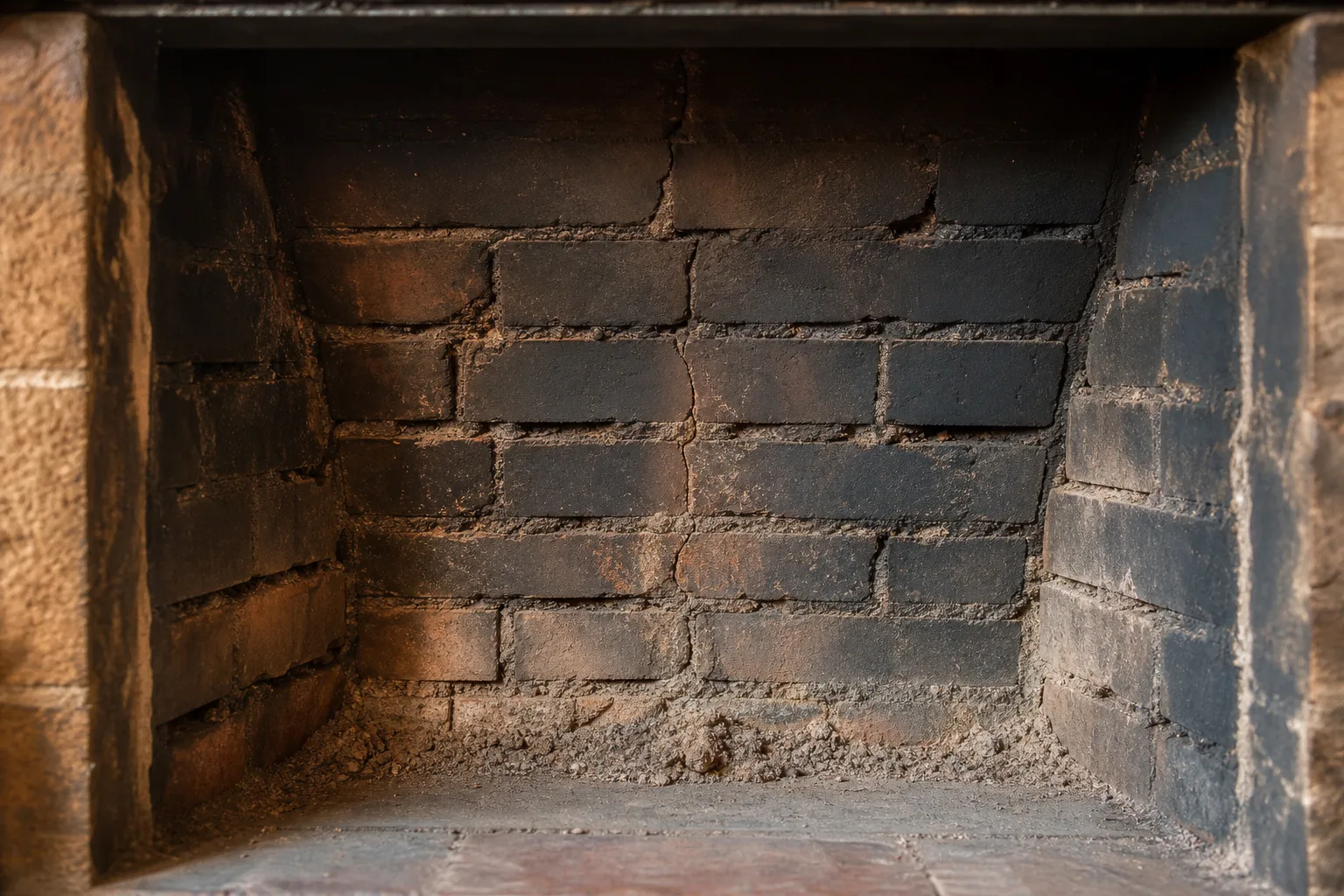 Fireplace restoration before view of a masonry firebox with eroded mortar joints and a vertical crack in the back wall