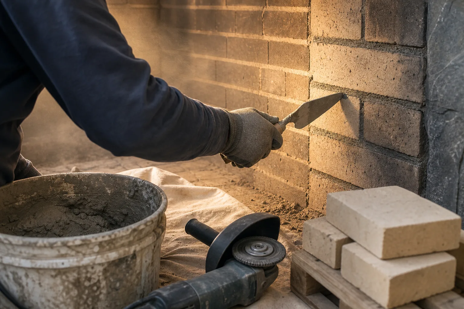 Fireplace restoration work in progress as refractory mortar is tuckpointed into the joints of a masonry firebox