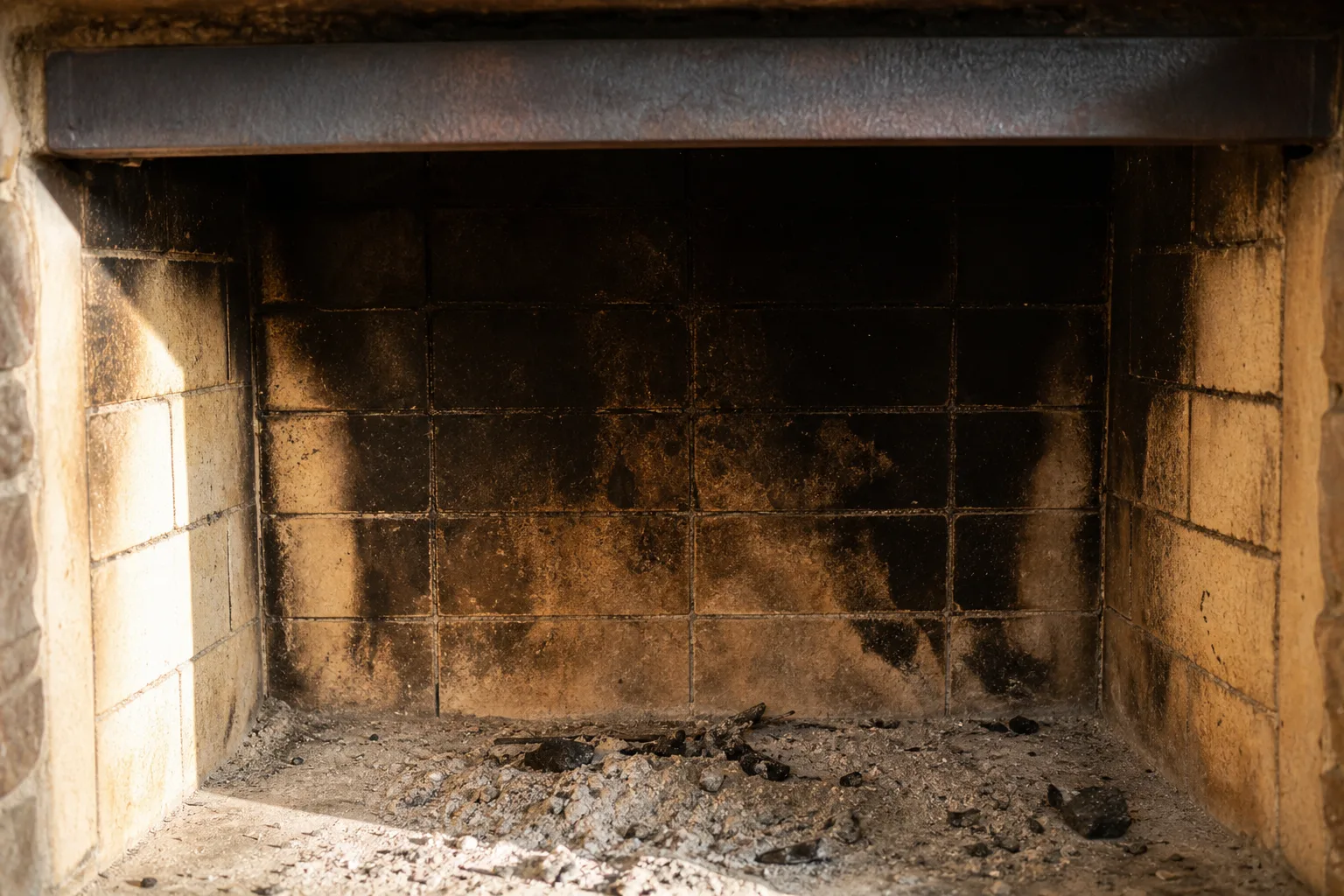 Fireplace restoration assessment showing a soot blackened masonry firebox interior with visible firebrick and mortar joints