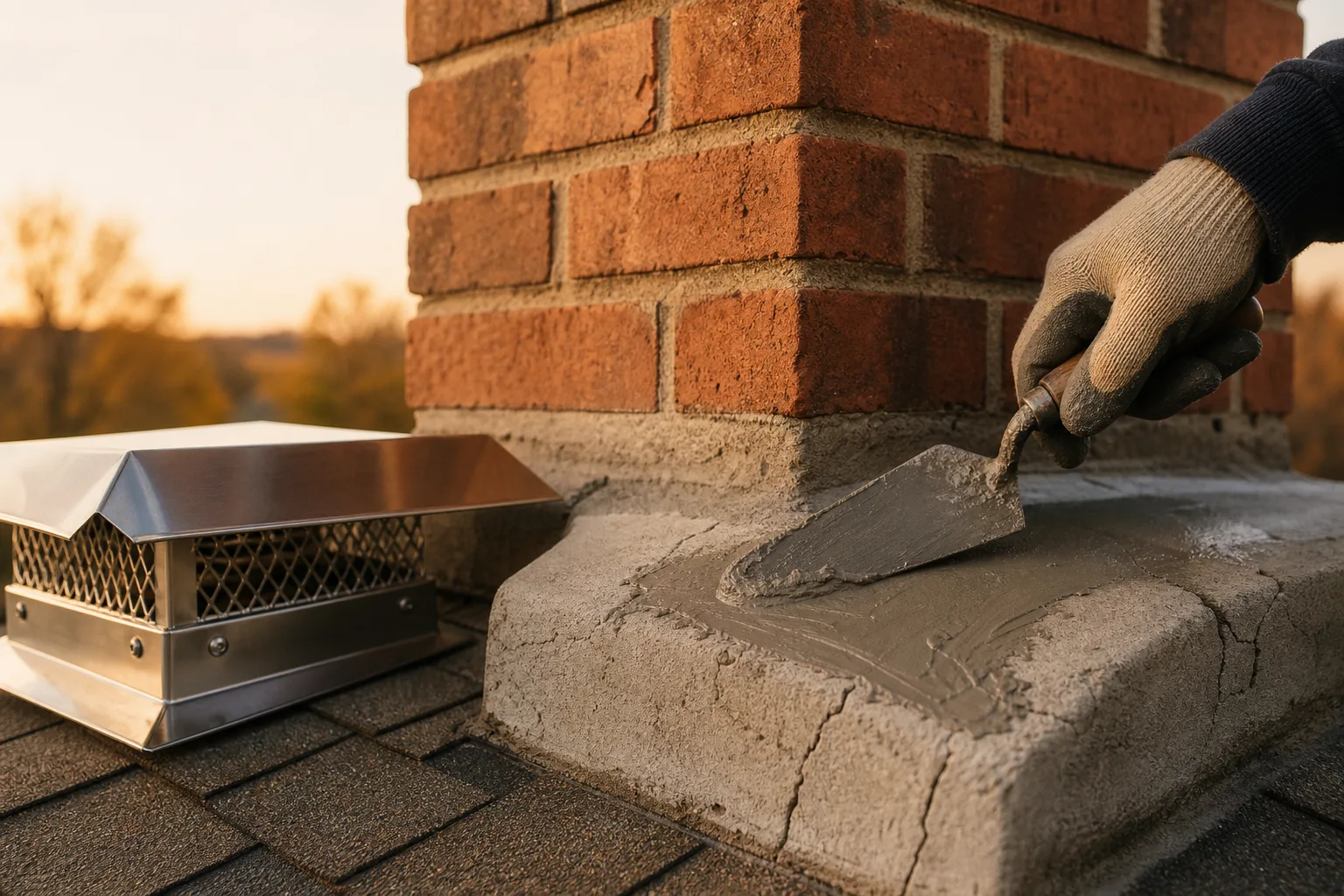 New stainless cap beside a chimney crown being resealed with a trowel