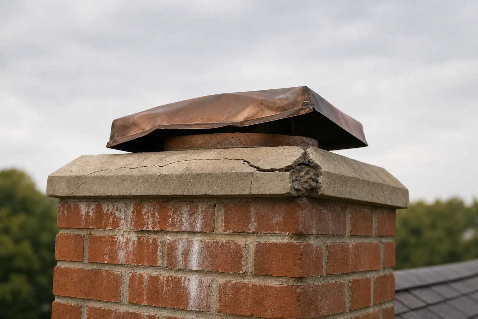 Tilted dented cap and cracked crown with white staining on weathered chimney brick
