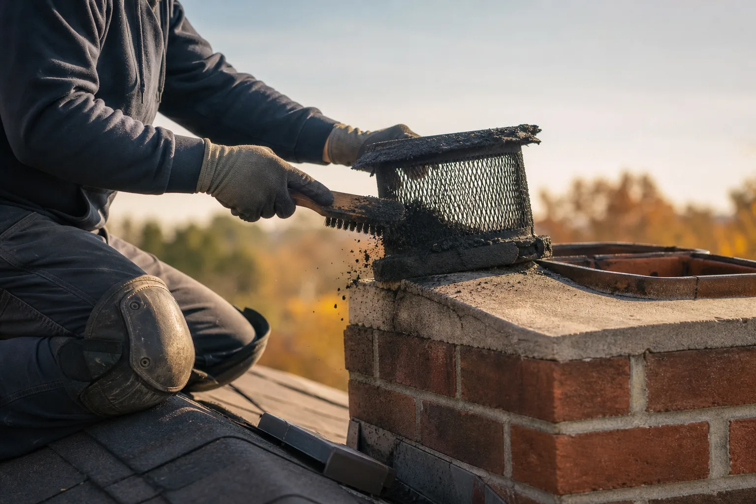 Technician on a roof cleaning creosote from a chimney cap screen during annual service