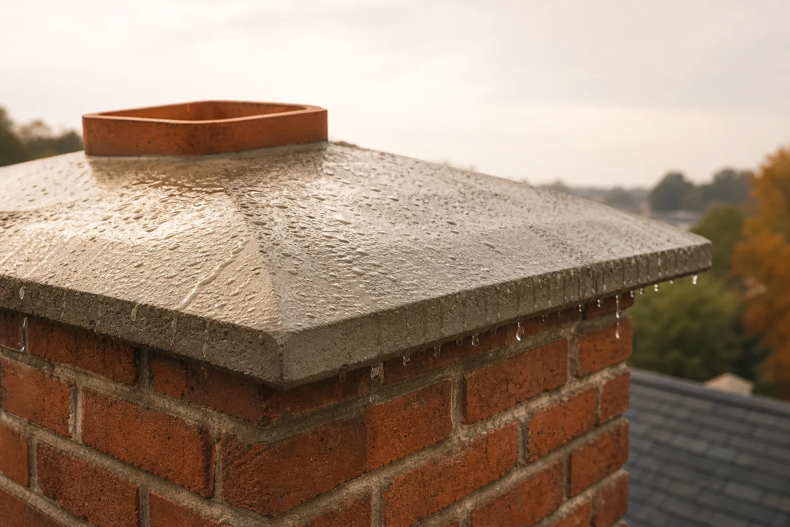 Sloped concrete chimney crown with drip edge shedding rainwater off brick masonry