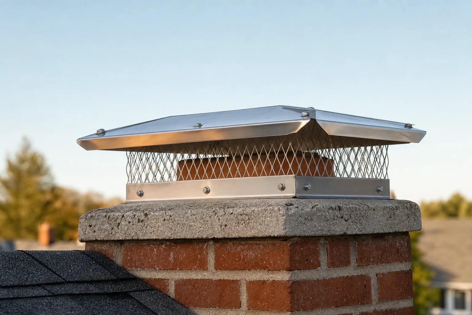 Stainless steel chimney cap with mesh sides covering a clay flue tile on brick