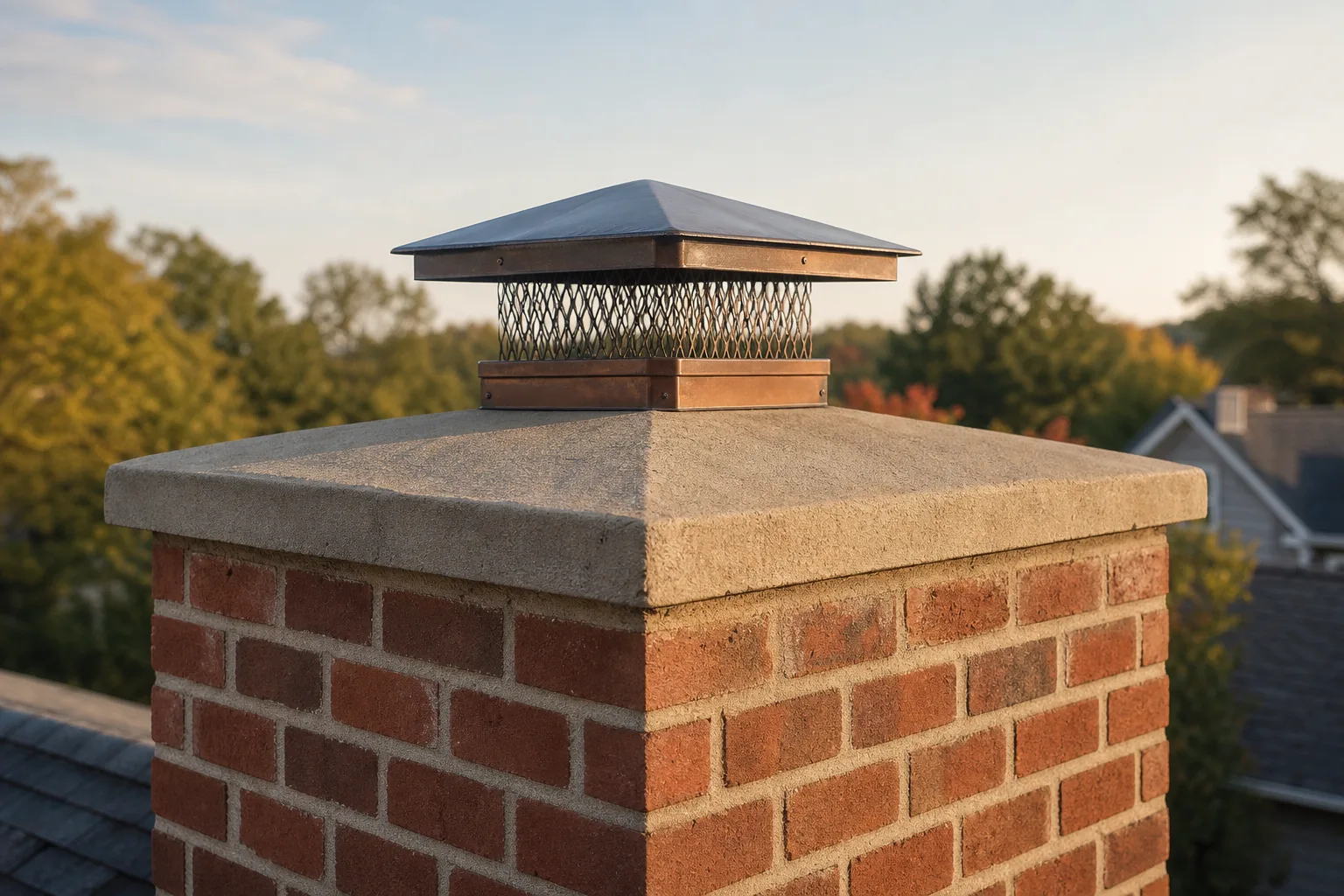 Chimney cap over the flue sitting above the sloped concrete crown on one chimney
