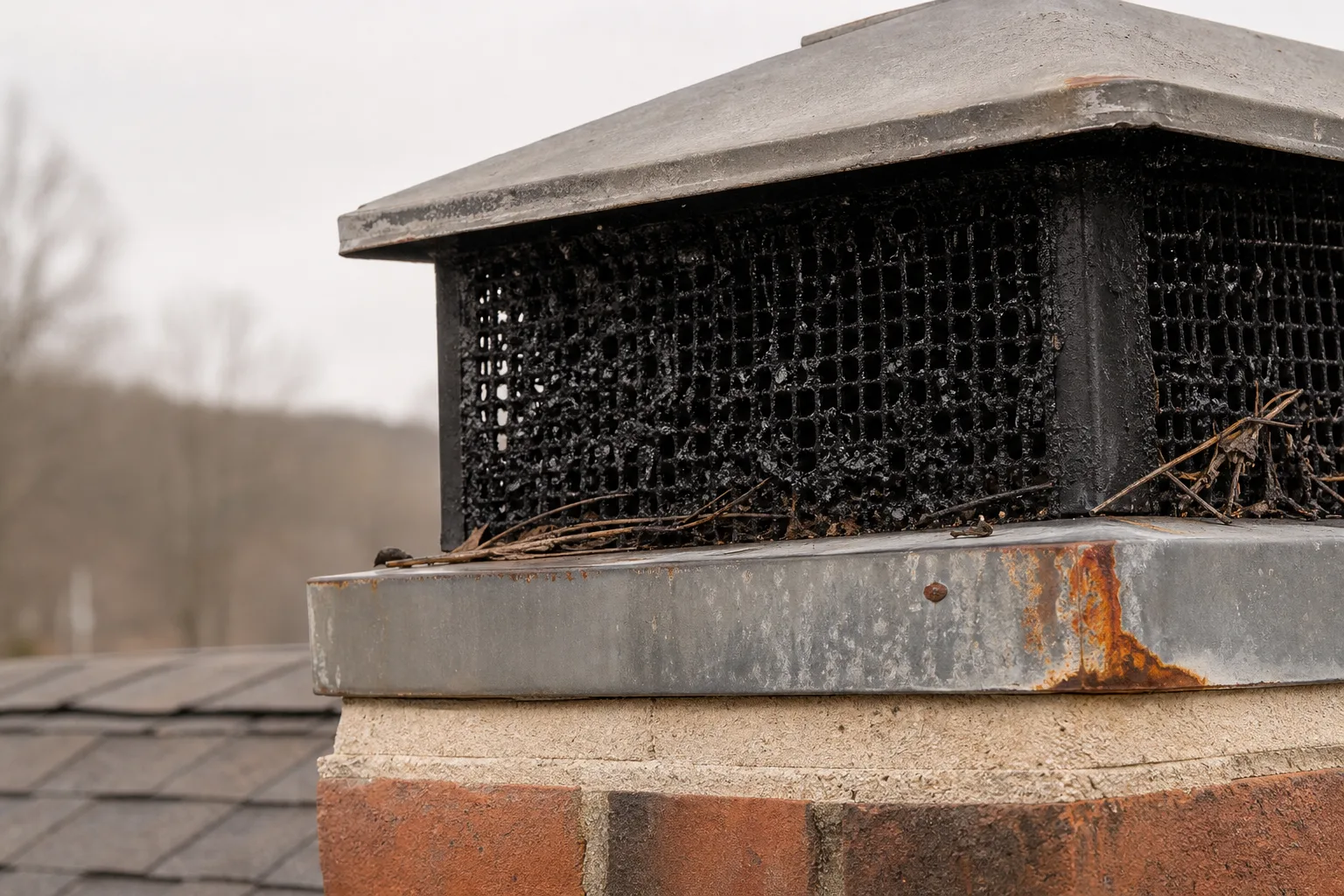Chimney spark arrestor screen in typical worn condition, soot loaded with debris at the base