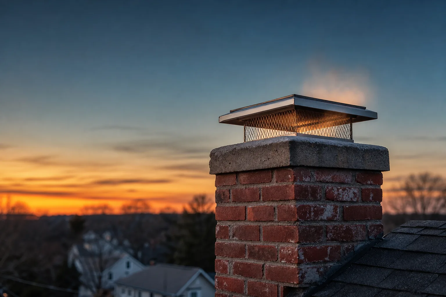 Chimney spark arrestor screen inside a stainless multi-flue cap on a brick chimney at dusk Chimney spark arrestor screen inside a stainless multi-flue cap on a brick chimney at dusk