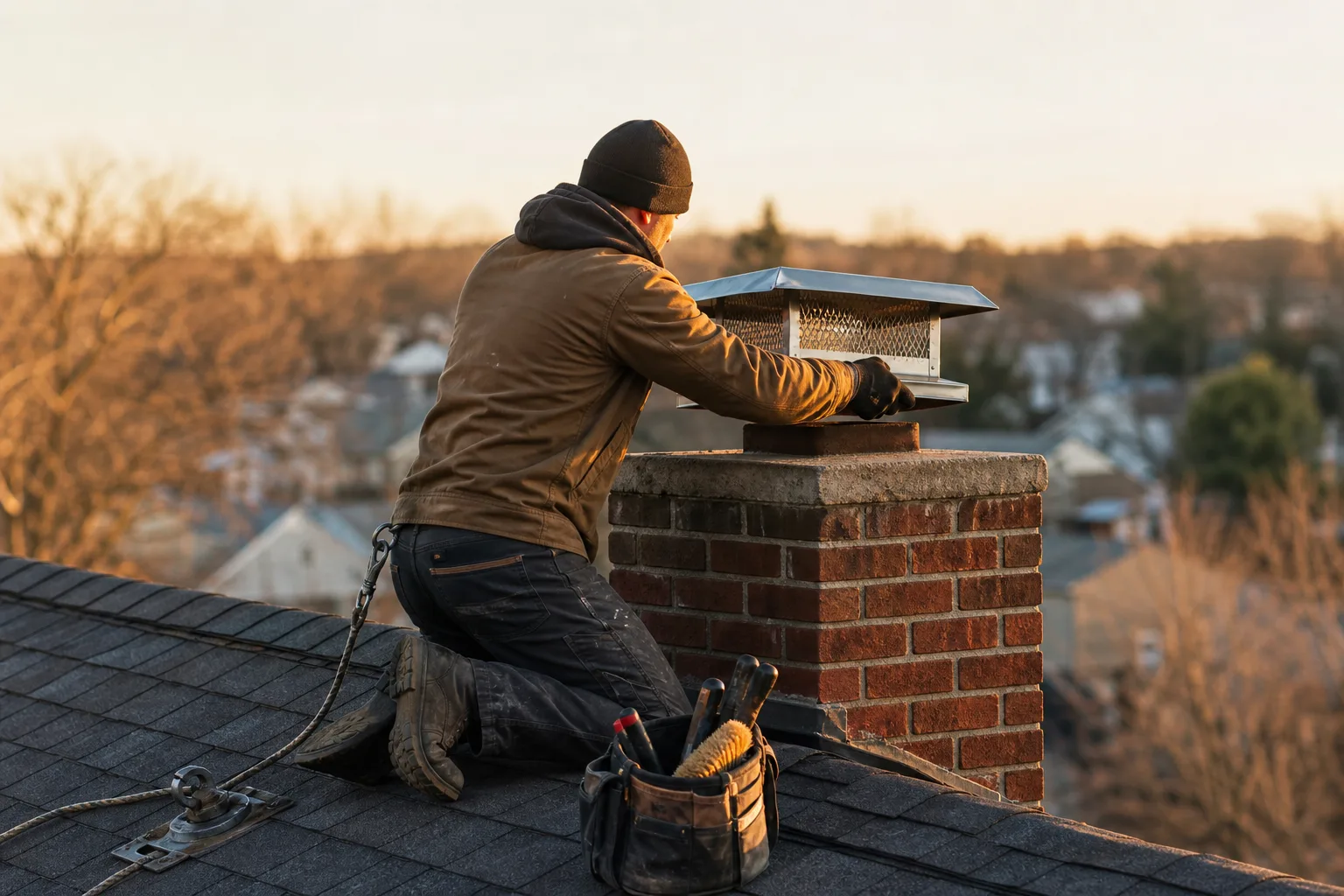 Chimney spark arrestor cap being lifted off the crown by a chimney professional on a roof