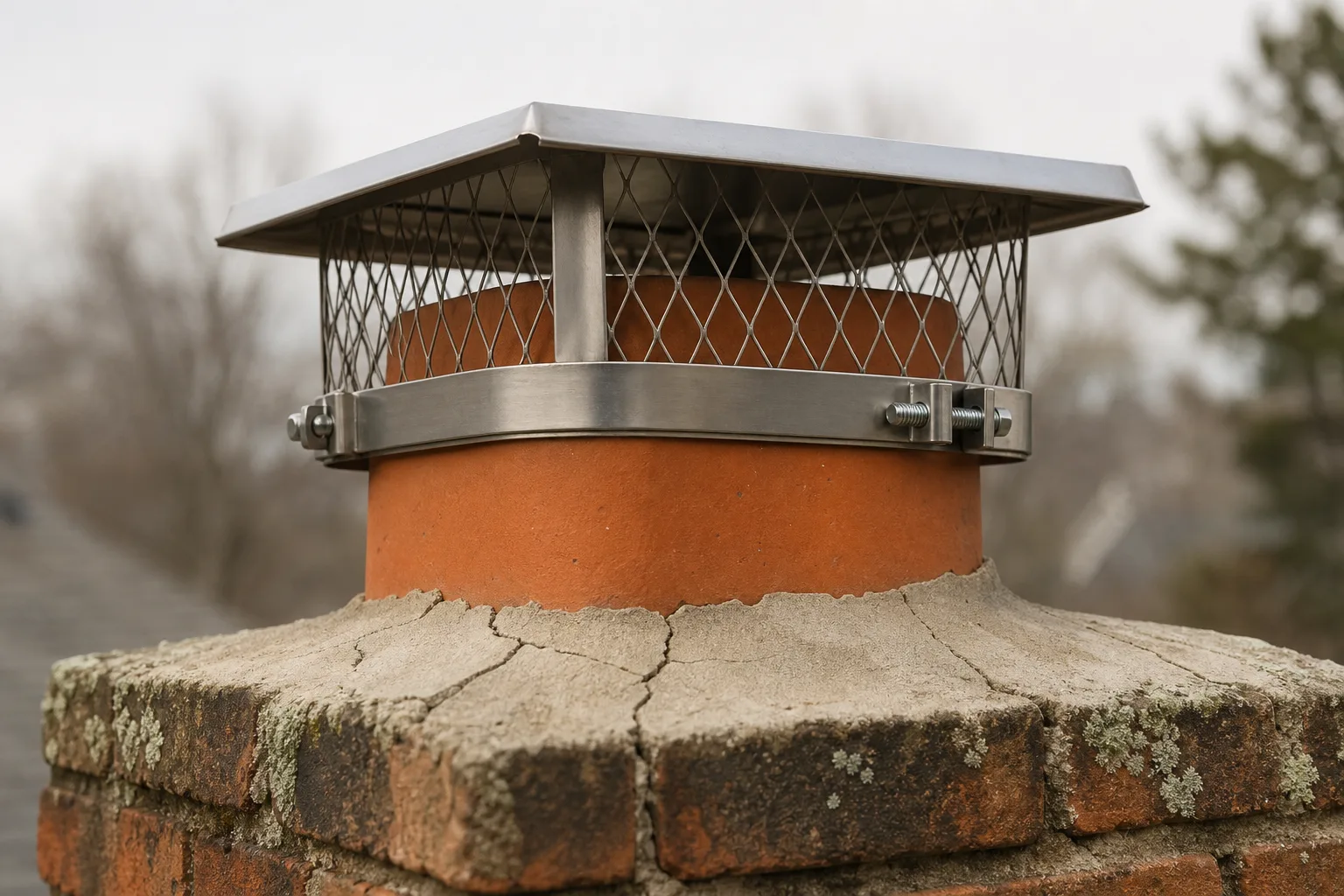Chimney spark arrestor mesh in a single-flue stainless cap clamped to a clay flue tile