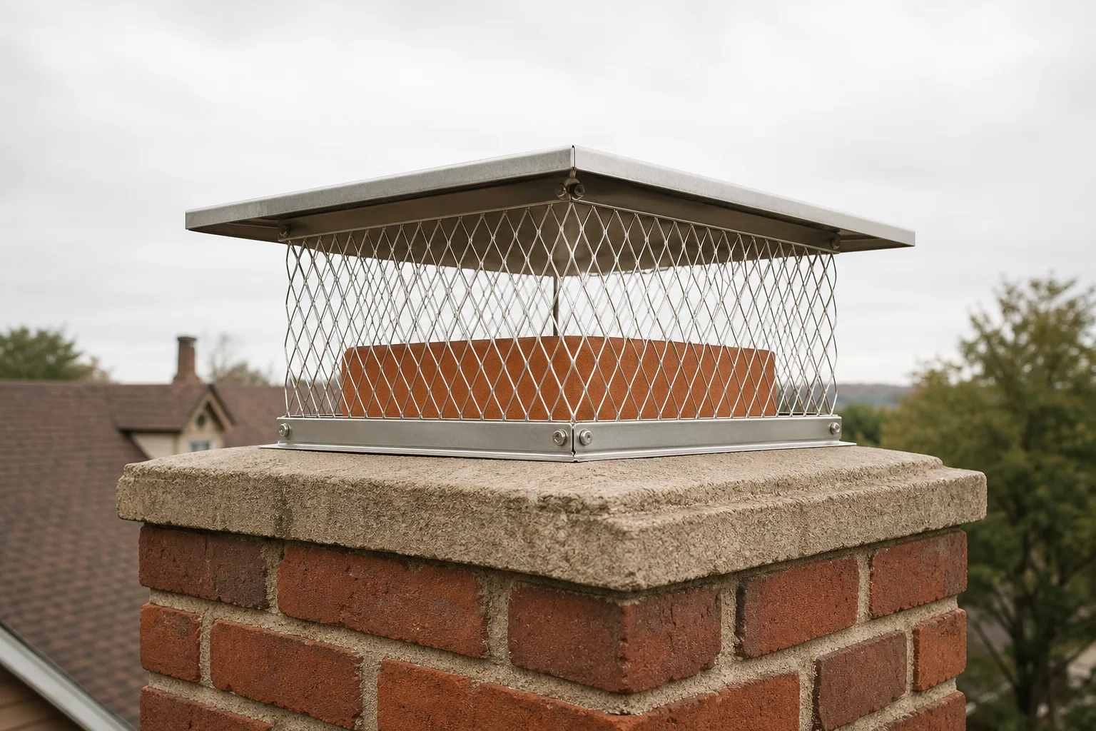 Chimney spark arrestor screen in sound condition with daylight passing through clean stainless mesh
