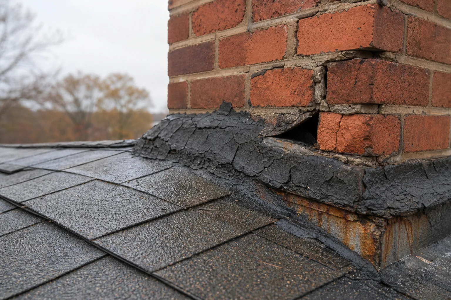Flashing around chimney in typical failed condition with cracked black roof cement and rust streaks