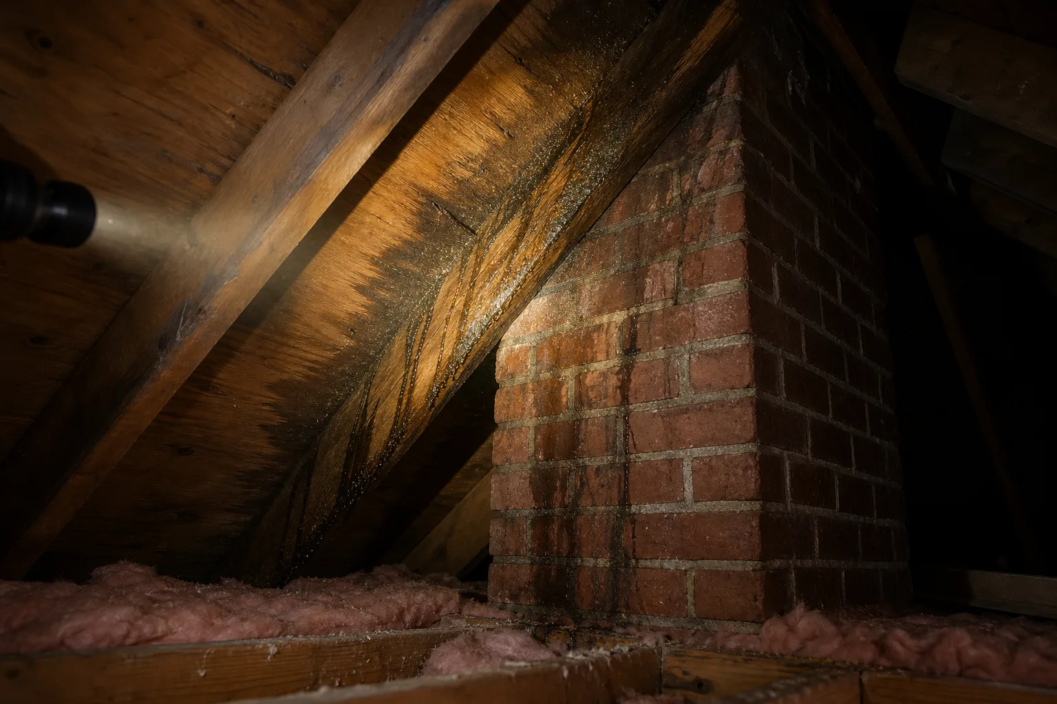 Flashing around chimney leak traced in an attic with a flashlight during rain