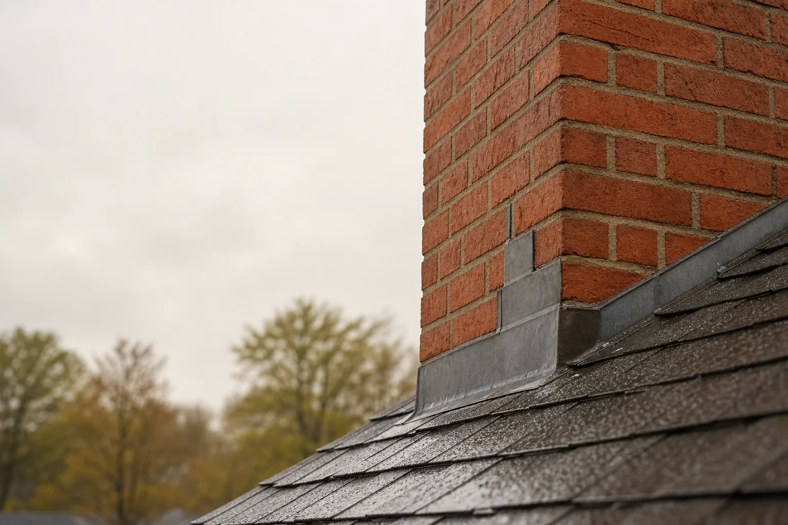 Flashing around chimney joint on a brick chimney where it meets asphalt shingles