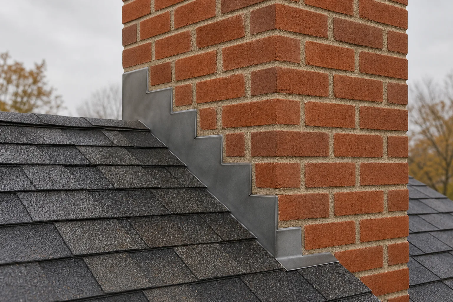 Flashing around chimney in sound condition with clean stepped counterflashing and no tar