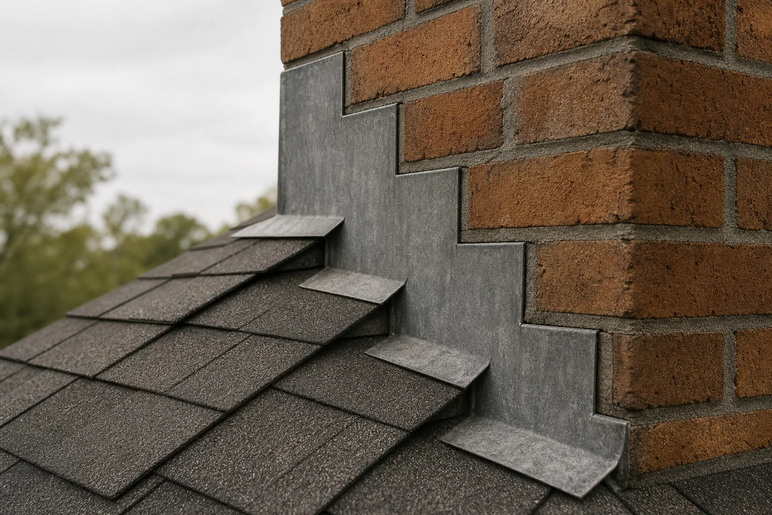 Flashing around chimney assembly showing step flashing and counterflashing set into mortar joints