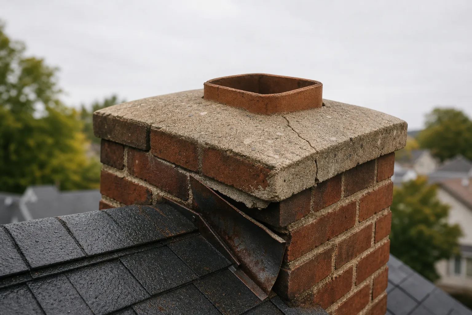 Rusted lifted flashing, cracked crown and uncapped flue on a wet brick chimney
