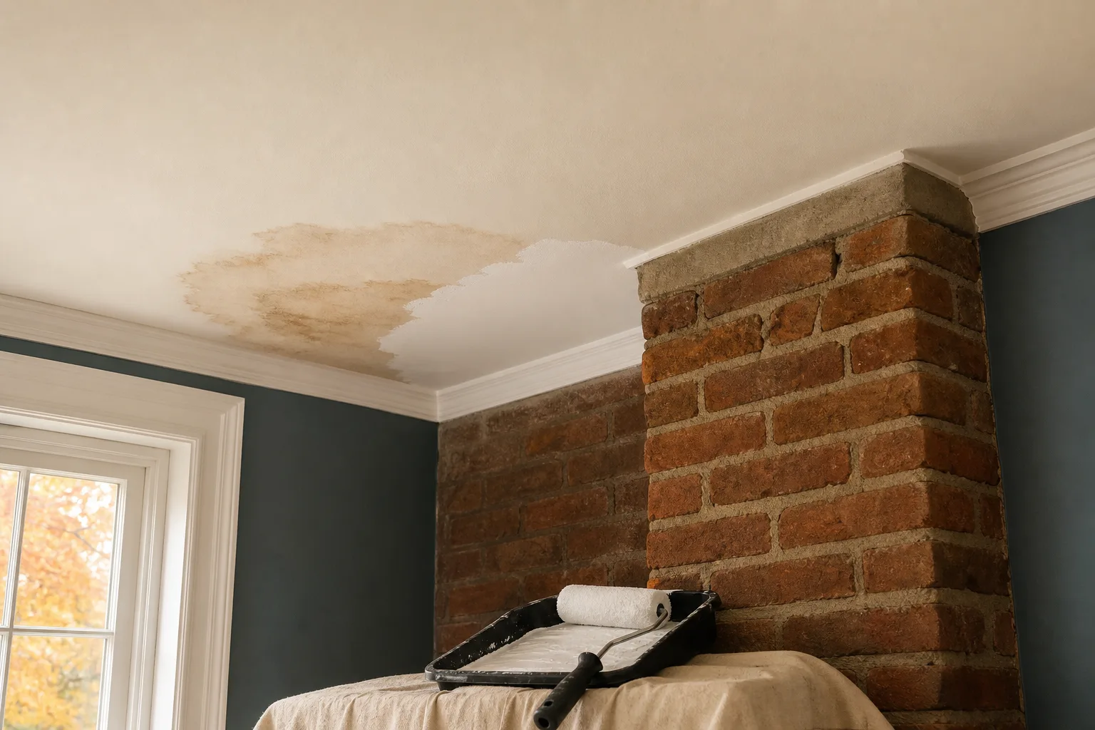 Ceiling water stain near chimney chase partly covered with white stain-blocking primer
