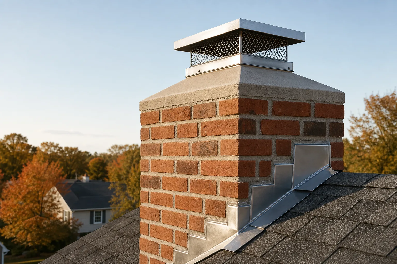 Repaired chimney with new step flashing, sloped crown and stainless steel cap