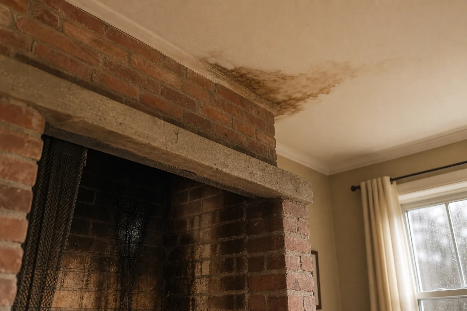 Brown water stain on ceiling beside a fireplace with damp firebox brick