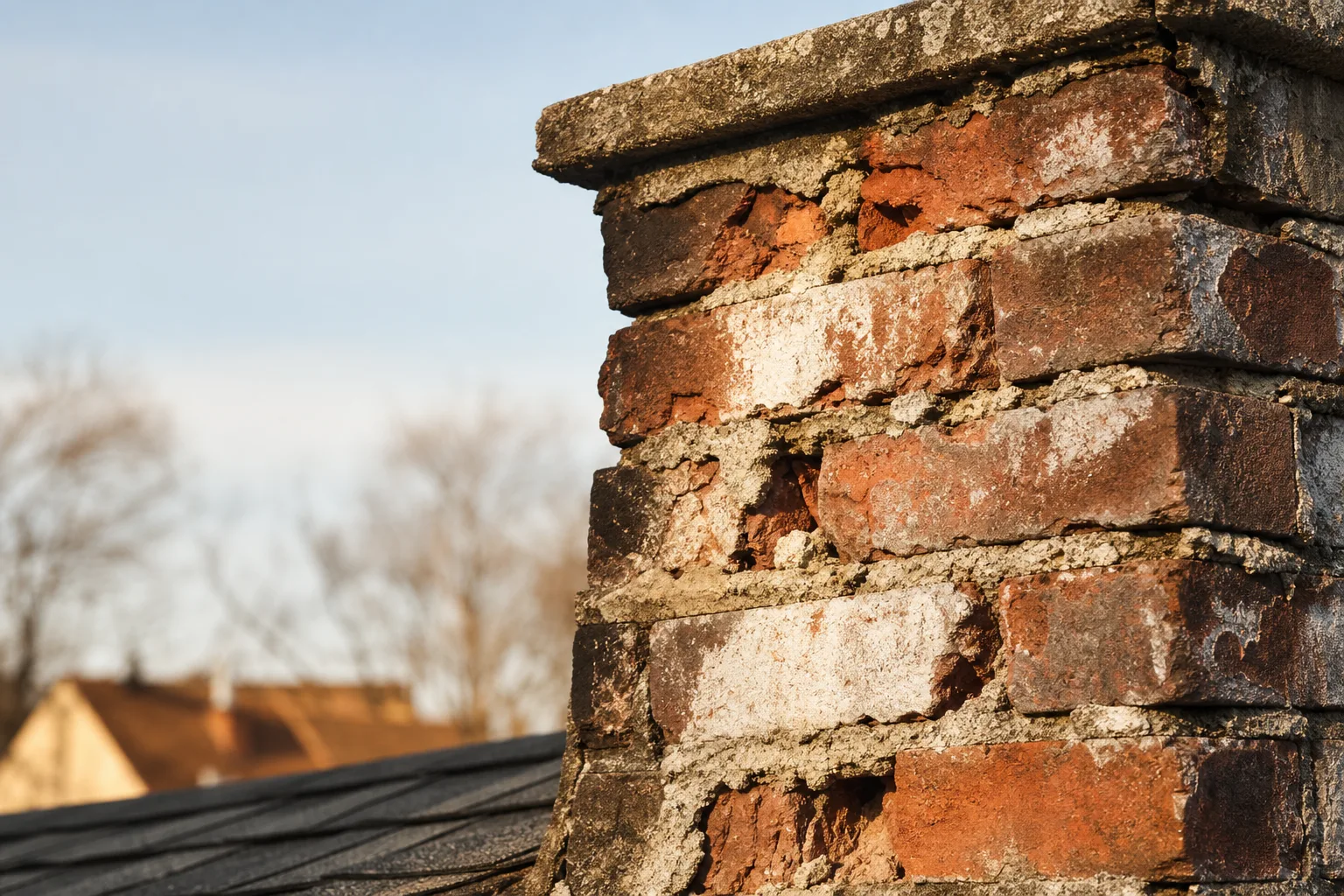 Spalling brick and crumbling mortar joints with white efflorescence on a chimney