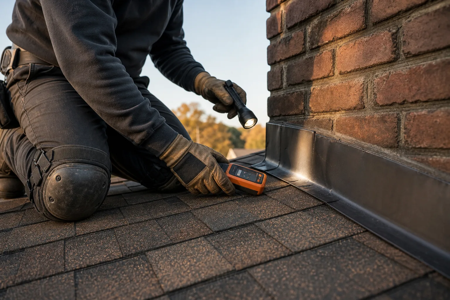 Technician on a roof inspecting chimney flashing with a flashlight and moisture meter