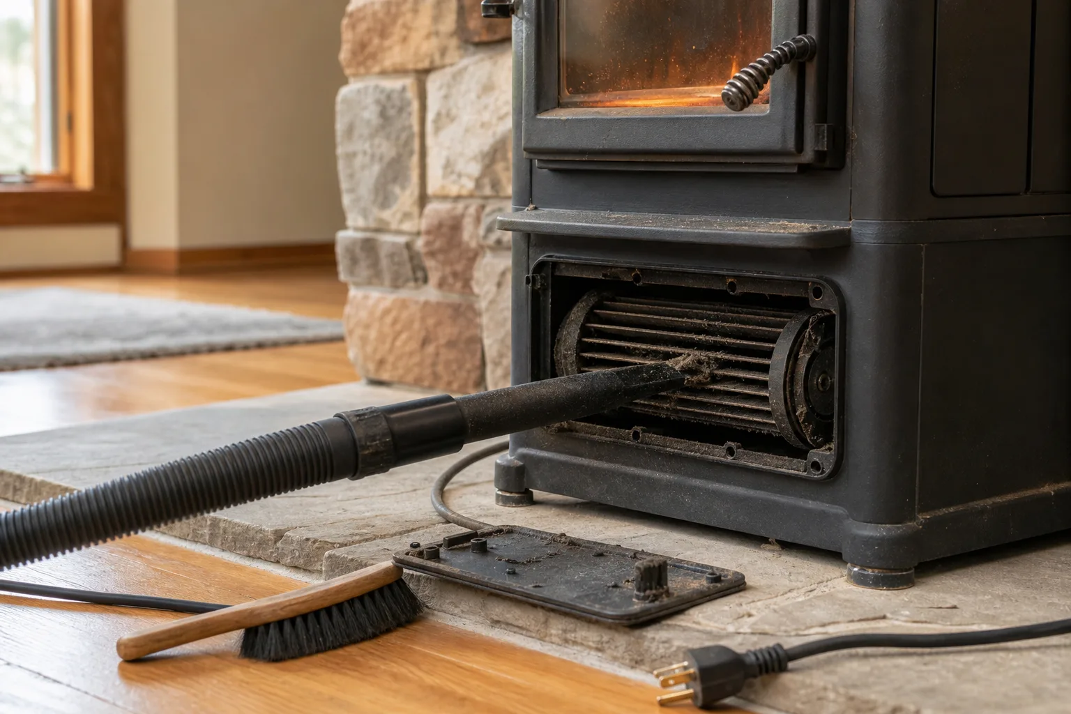 Wood stove with blower being vacuumed clean of dust on the fan cage during seasonal maintenance