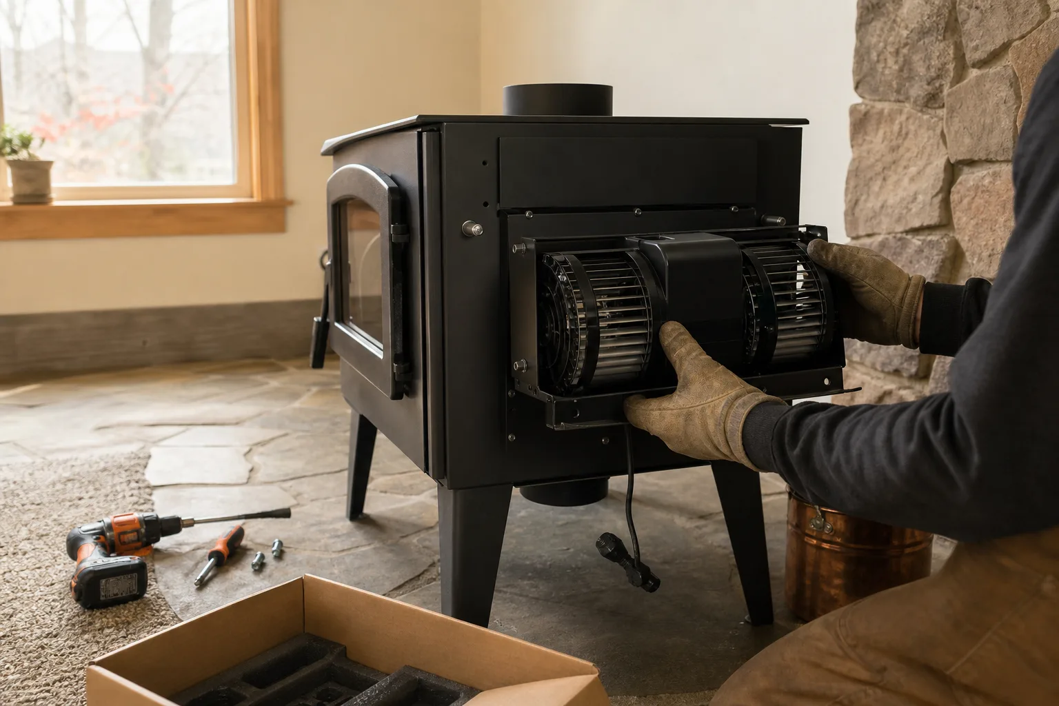 Wood stove with blower kit being fitted to the mounting brackets at the back of a cold stove