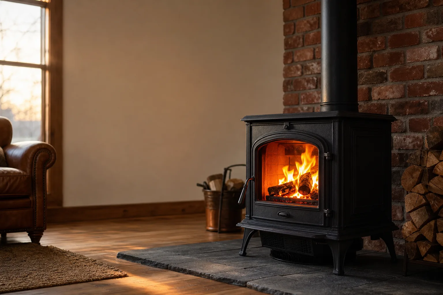 Wood stove with blower burning in a living room with a hearth pad and firewood stacked nearby