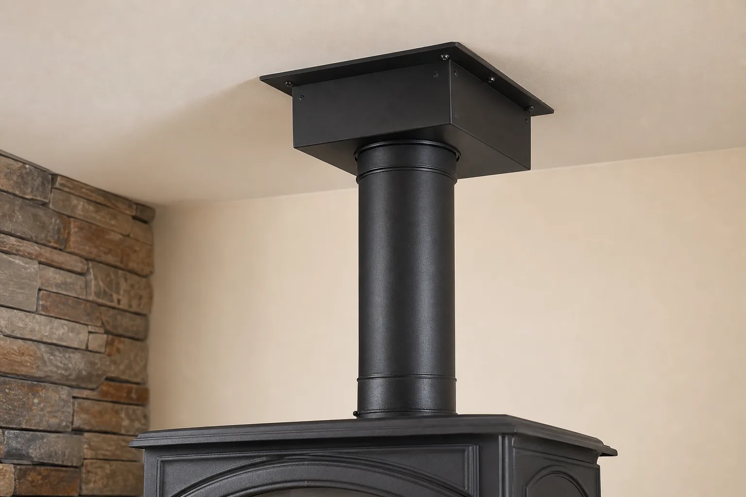 Wood stove with blower vented through a stove pipe and ceiling support box above the appliance