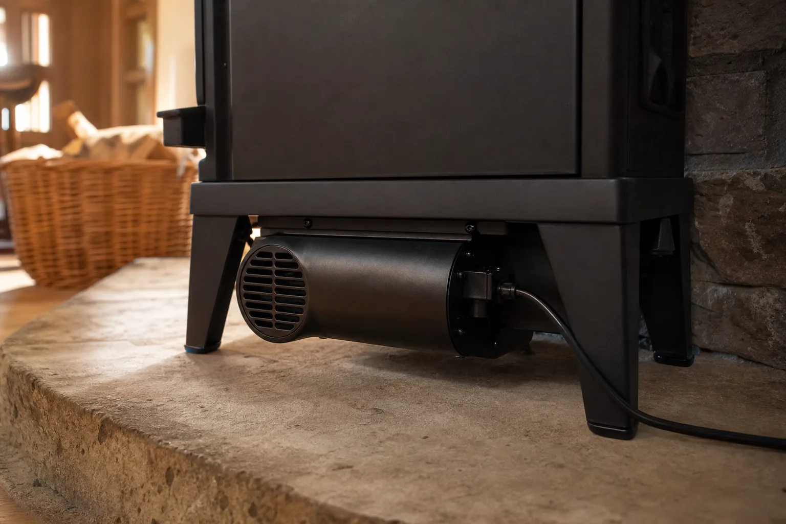 Wood stove with blower housing mounted beneath the firebox showing the fan intake and power cord