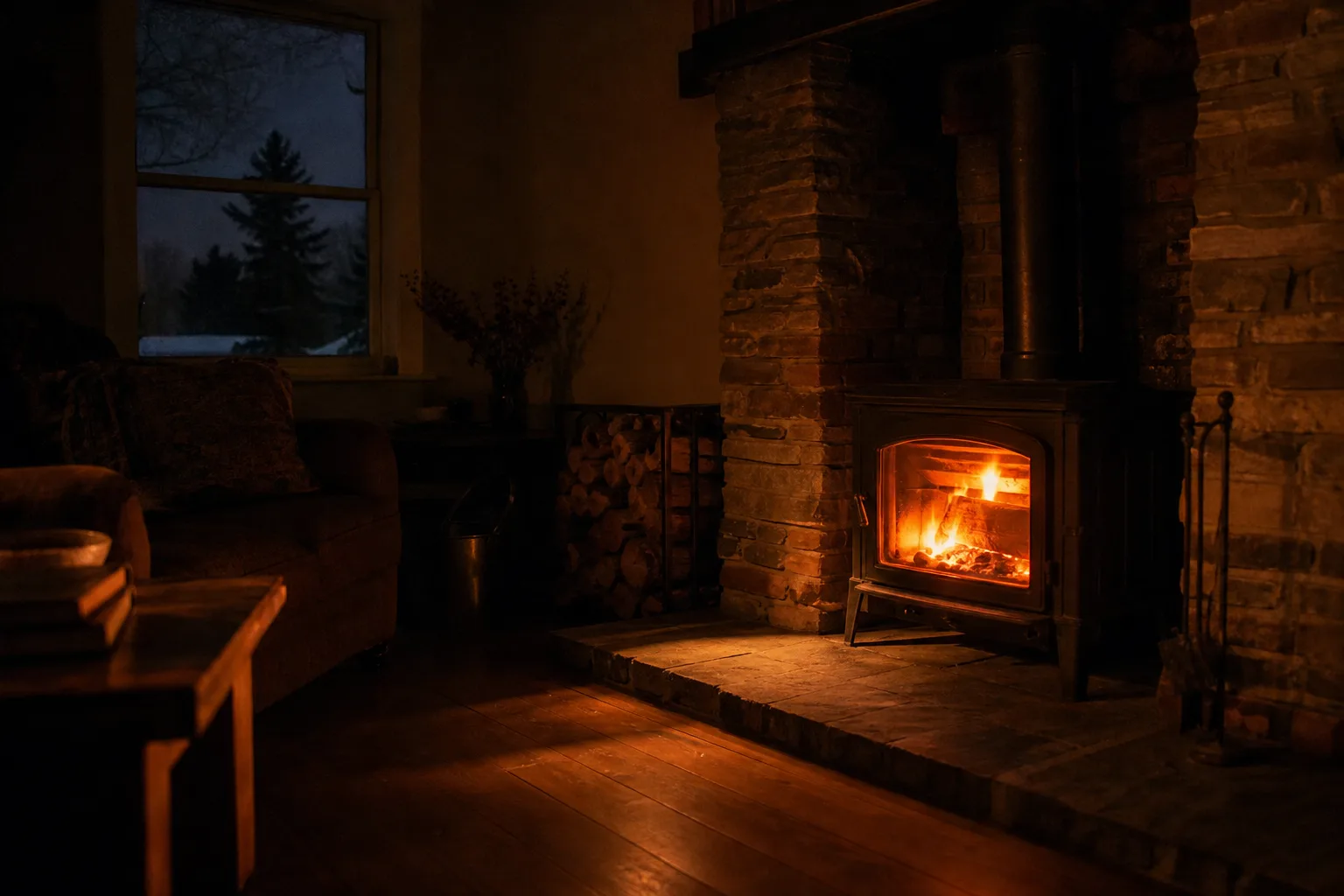 Wood stove with blower unpowered during an outage while the fire continues to heat the room