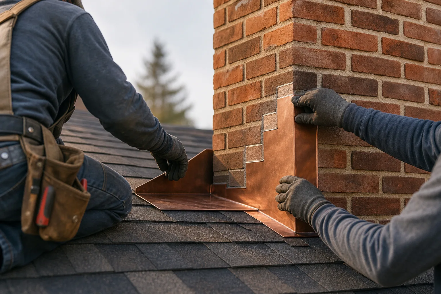 Chimney flashing repair integrates new step flashing into asphalt shingles