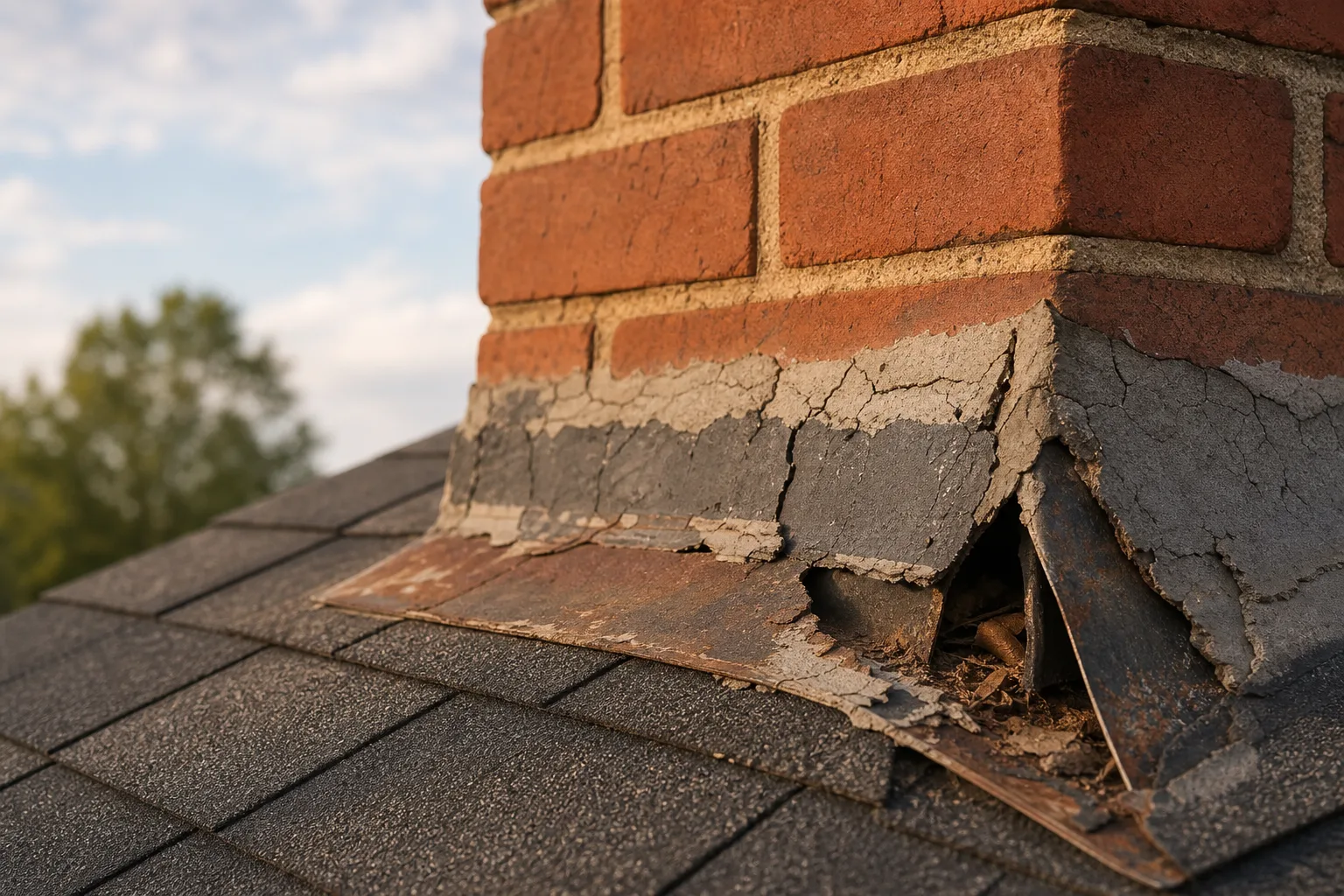 Chimney flashing repair reveals cracked caulk covering rusted metal edges