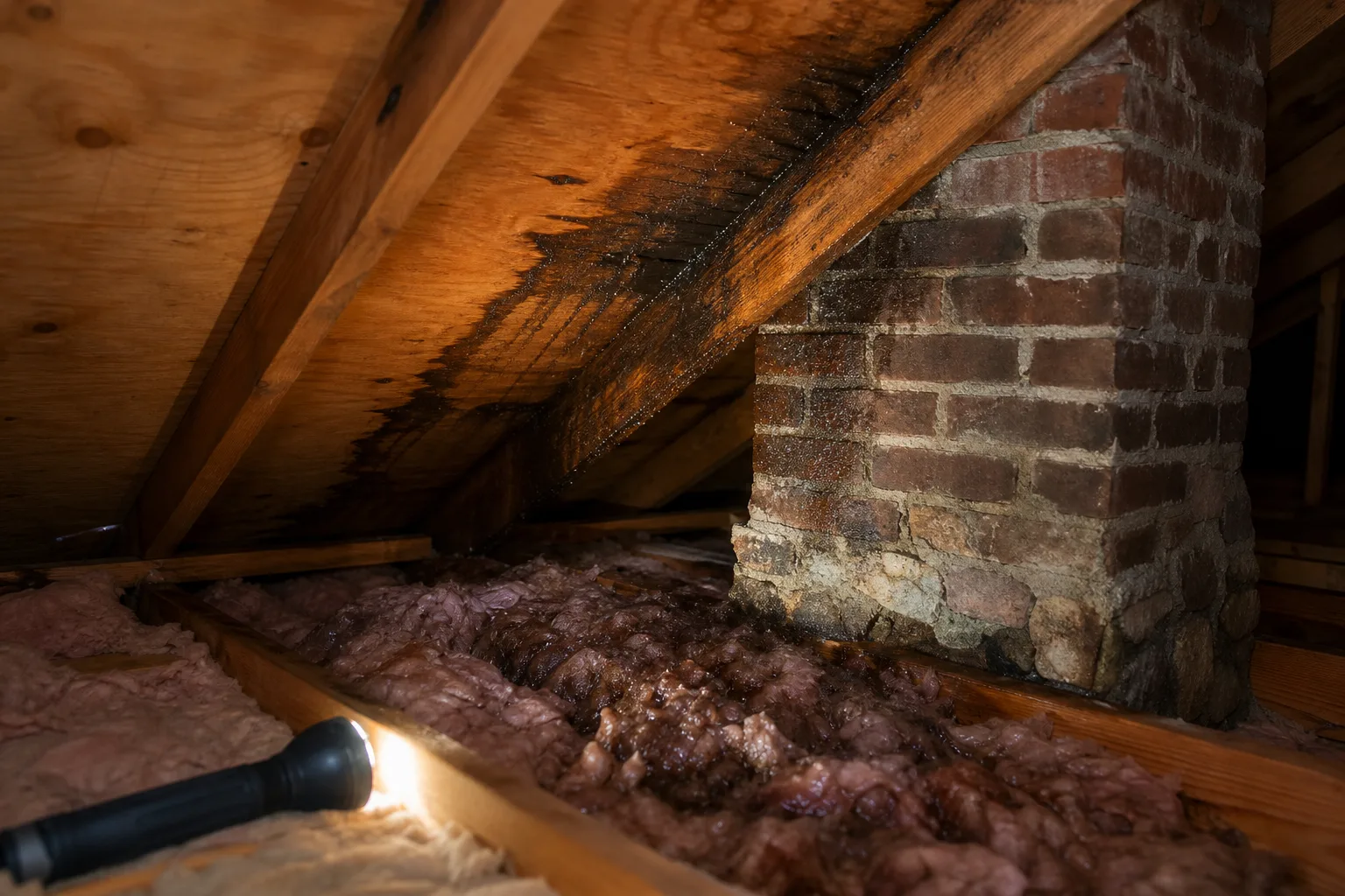 Chimney flashing leak stains visible on attic sheathing beside masonry