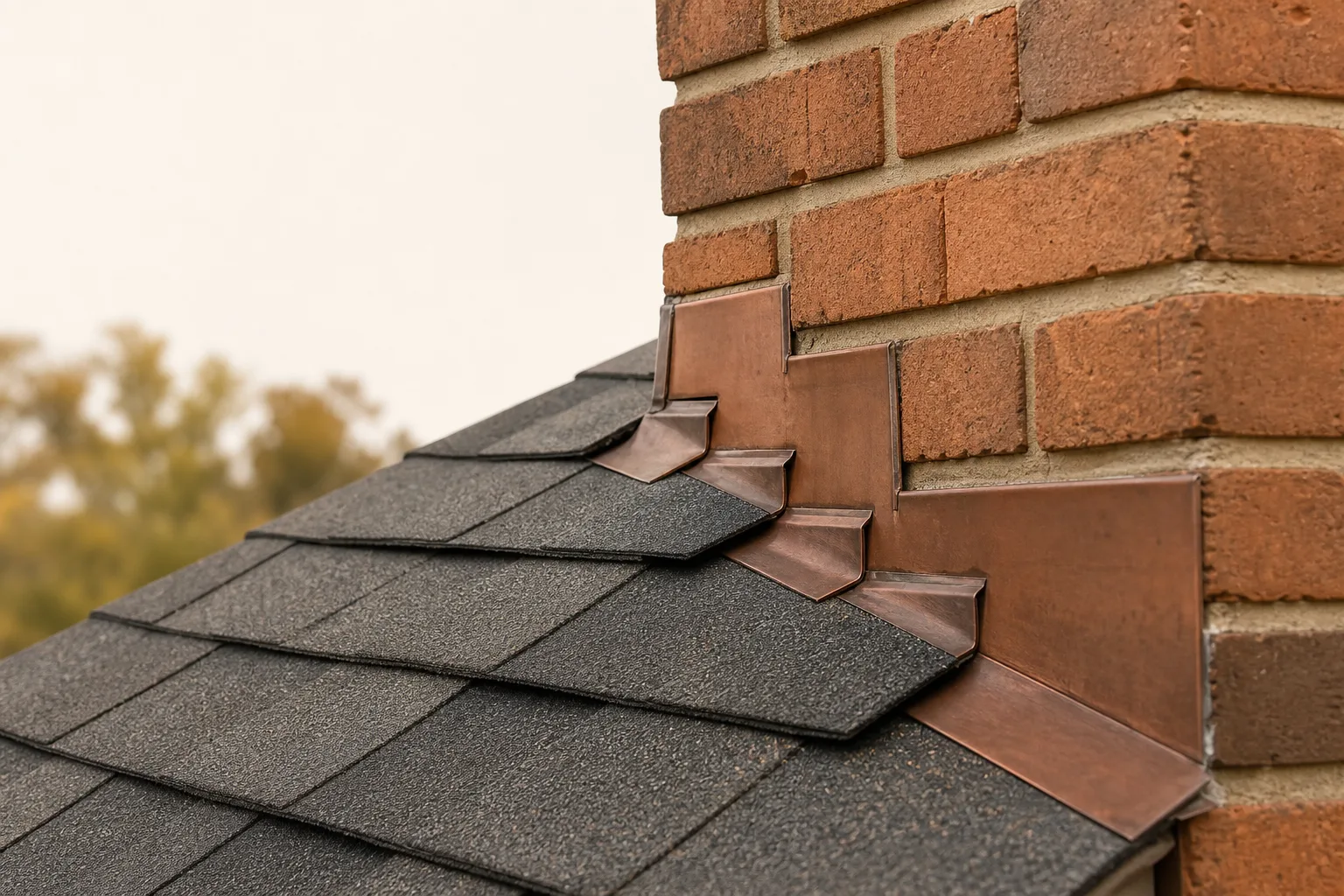 Chimney flashing layers show step metal, counter flashing, and shingles