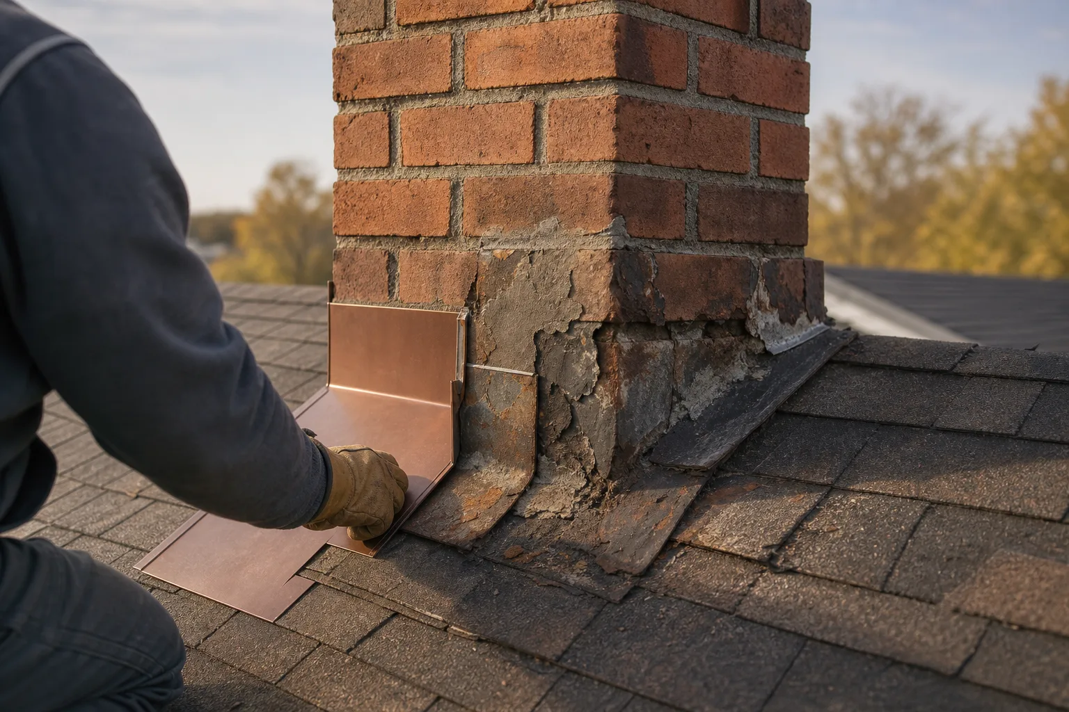Chimney flashing repair technician compares sound metal with corroded sections
