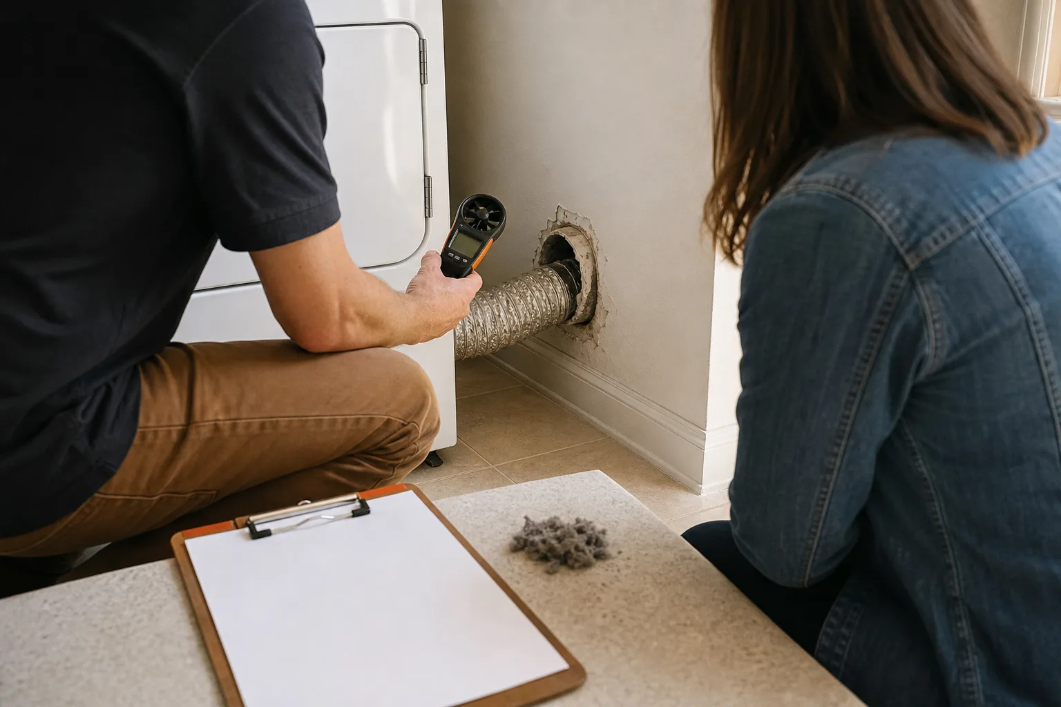 Dryer vent cleaning schedule reviewed beside an airflow meter and dryer