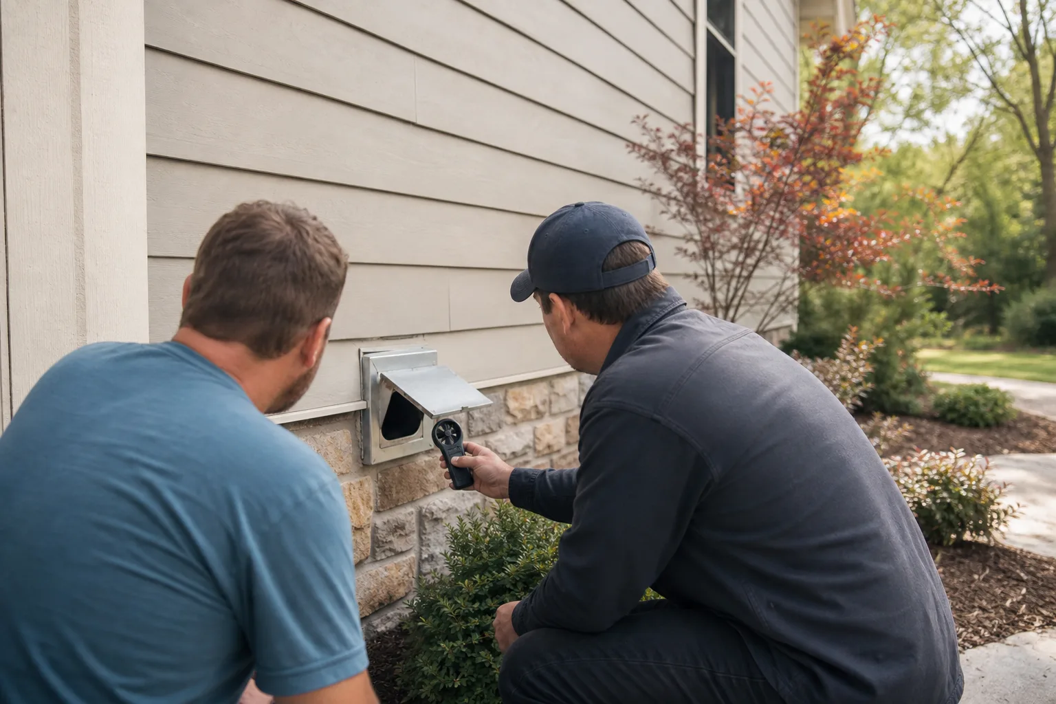 Dryer vent cleaning frequency checked at an open exterior exhaust flap