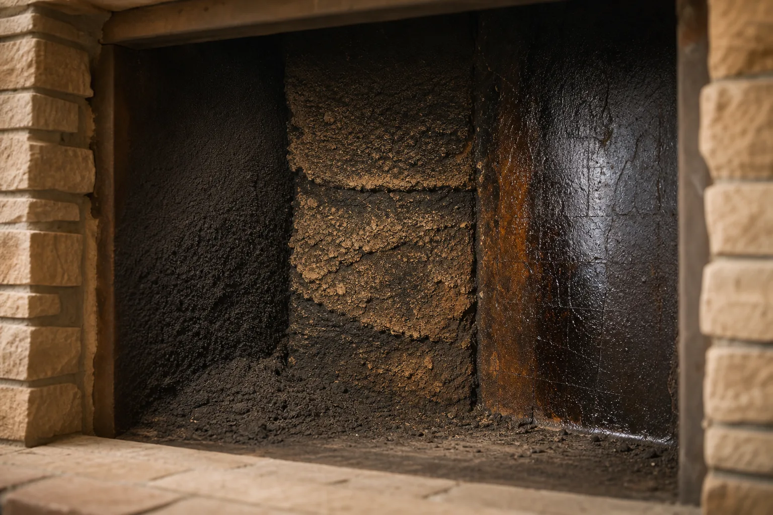 Creosote stages displayed as powdery, crusty, and glazed deposits on flue tiles