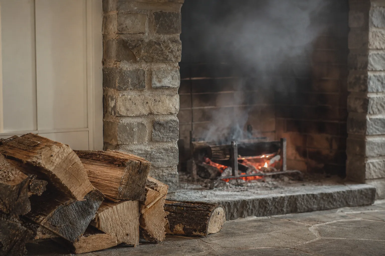 Creosote forming conditions shown by damp firewood and a smoldering fireplace