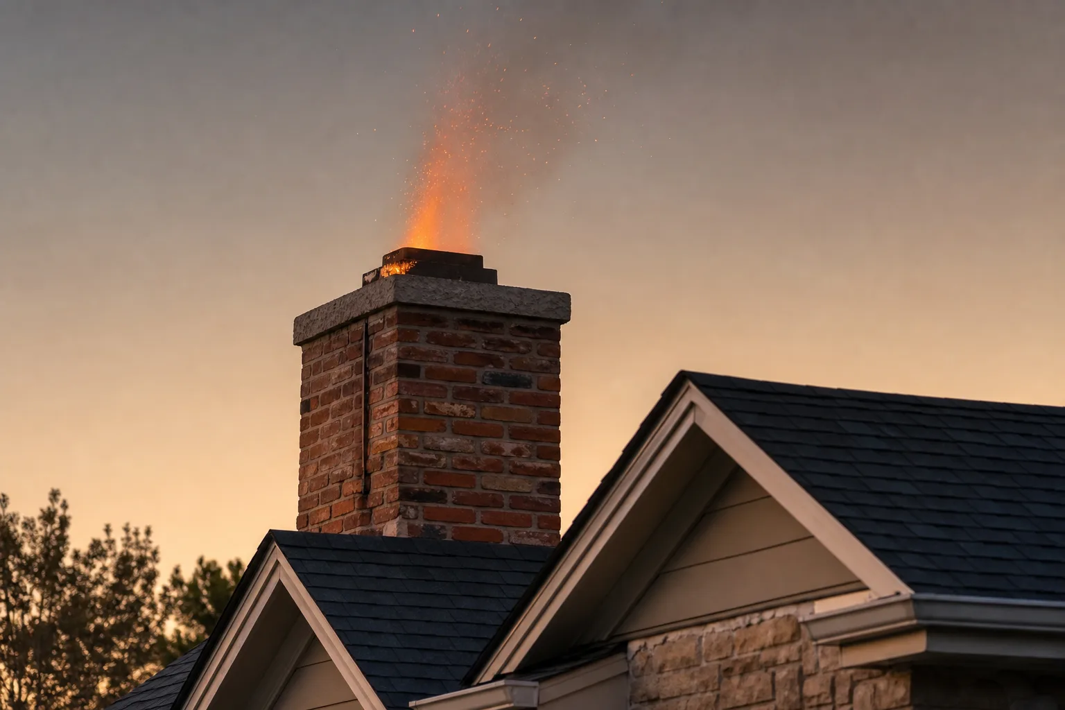 Creosote fire sending flames and sparks from a brick chimney at dusk