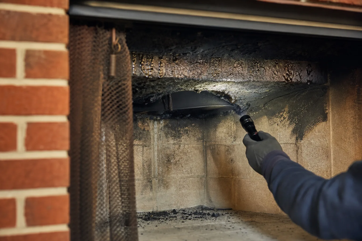 Creosote buildup visible as black flakes and shiny glaze above the damper