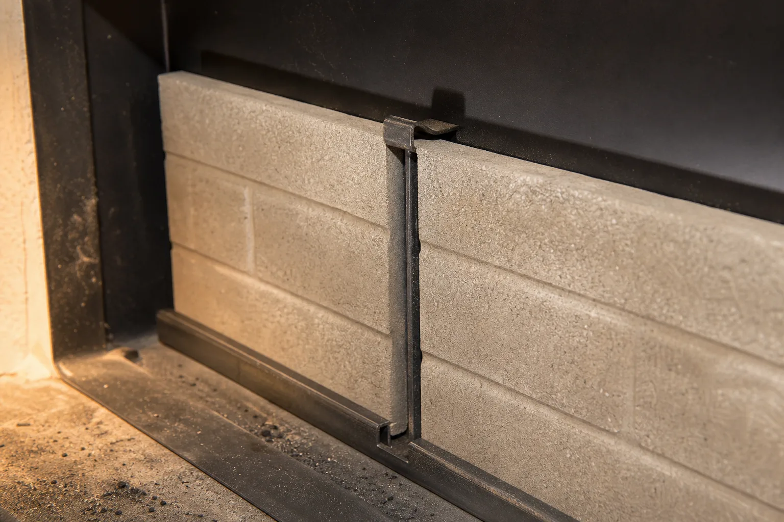 Fireplace refractory panels held by metal clips at the top and seated in a bottom channel
