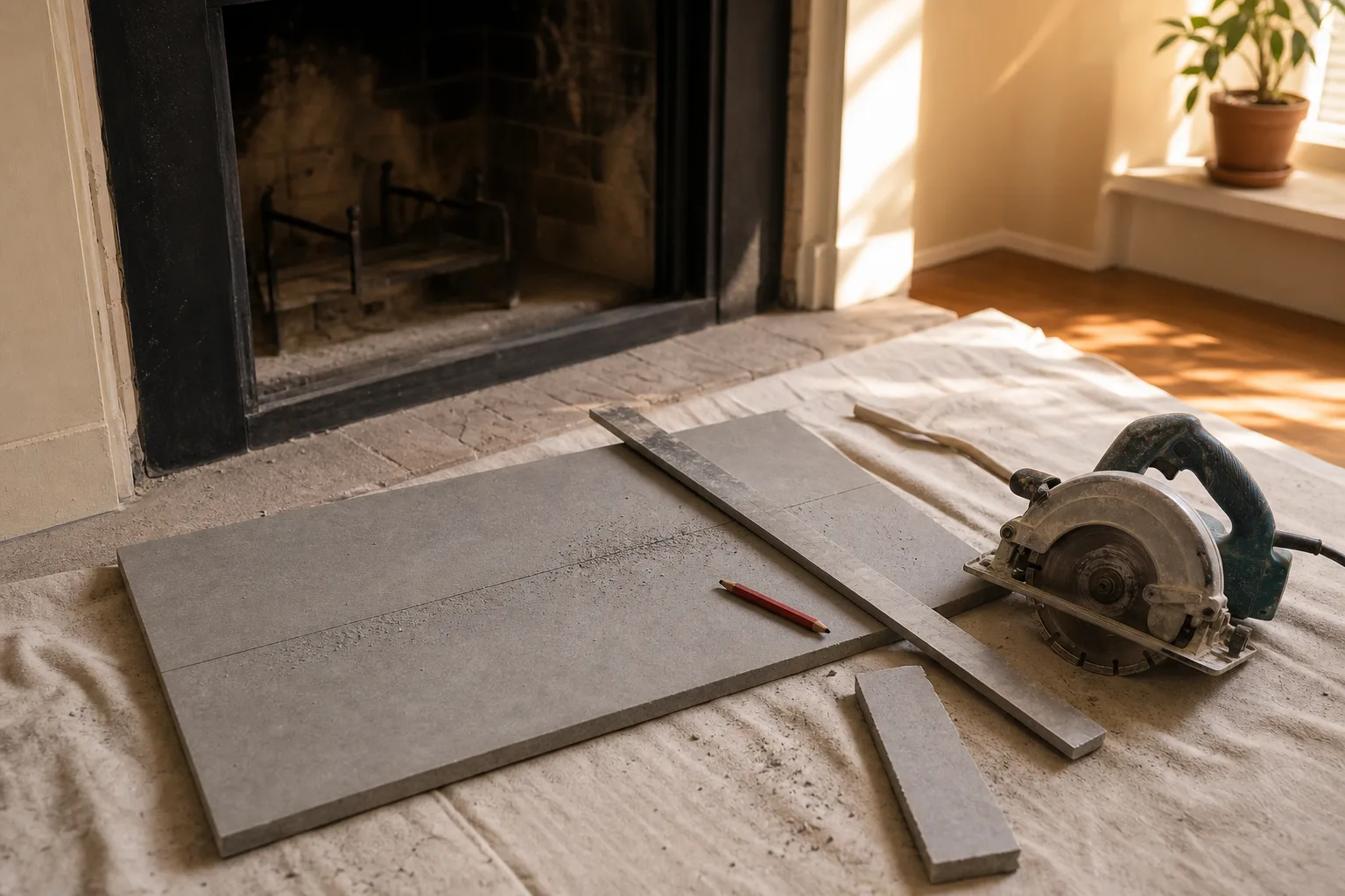 Fireplace refractory panels of the universal type being marked and cut to fit a firebox