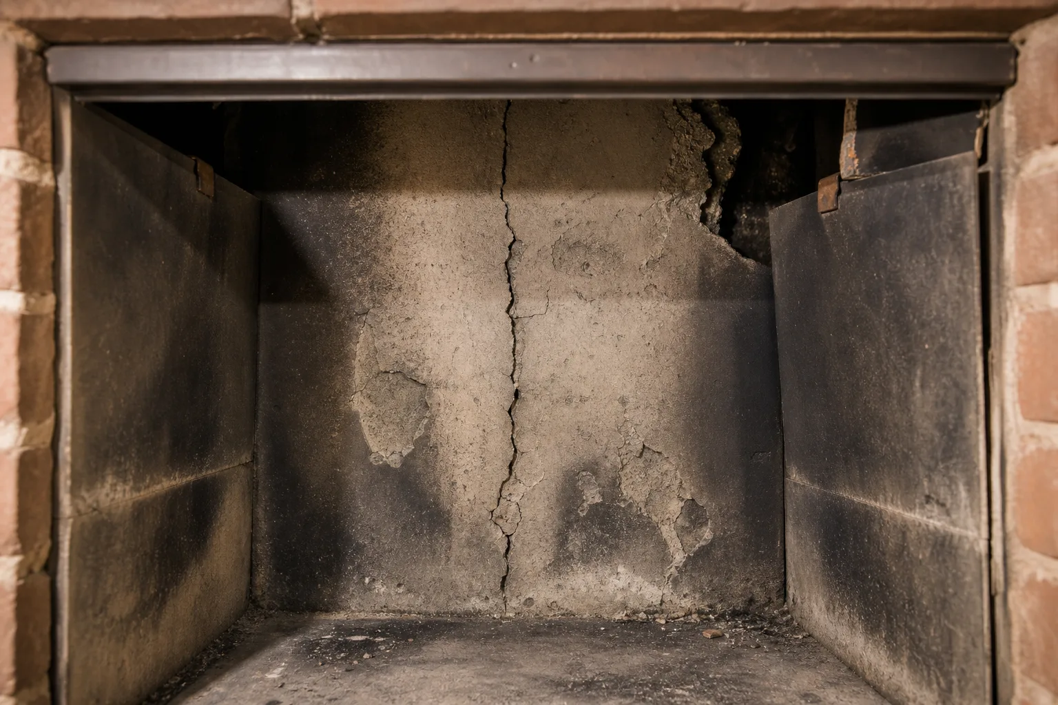 Fireplace refractory panels in failed condition with an open crack, spalled face, and broken corner