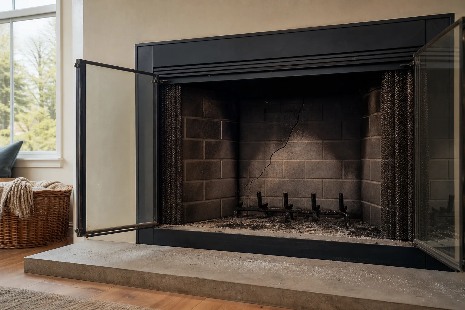 Fireplace refractory panels cracked inside the firebox of a factory-built fireplace