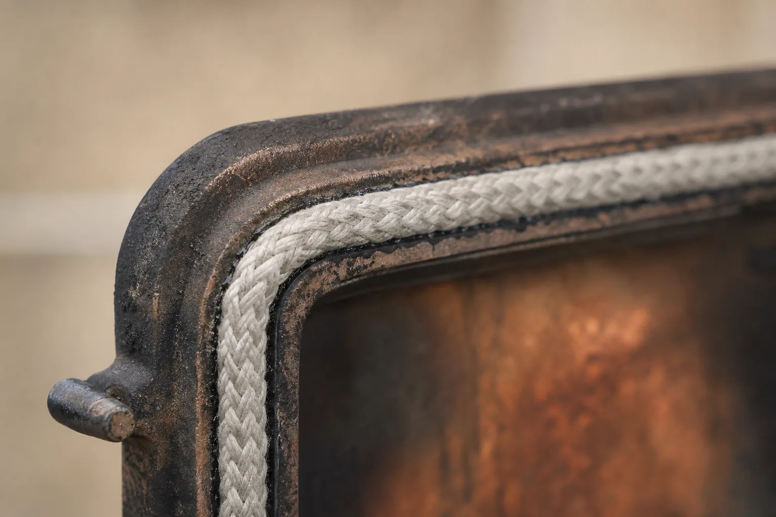 Wood stove repair after: a new rope gasket seated evenly in the channel of the same stove door
