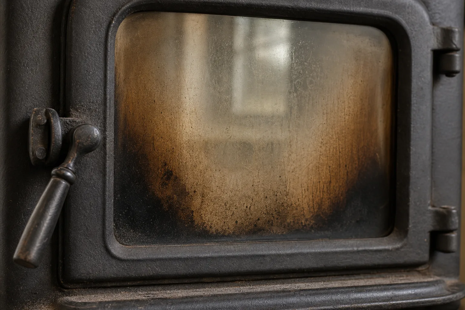 Wood stove repair diagnosis: browned and blackened ceramic glass in the lower corners of a stove door