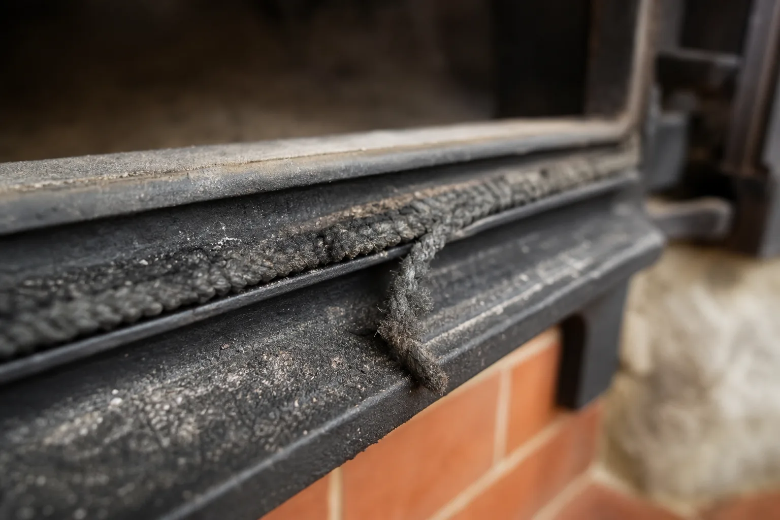 Wood stove repair before: a worn, flattened rope door gasket frayed and pulling out of its channel